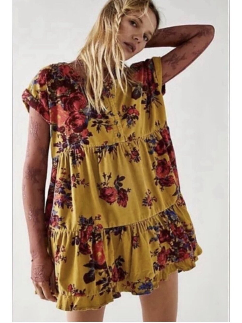 NWT $148 Free People Corduroy Harper Dress Tunic Womens Floral Prairie Boho L